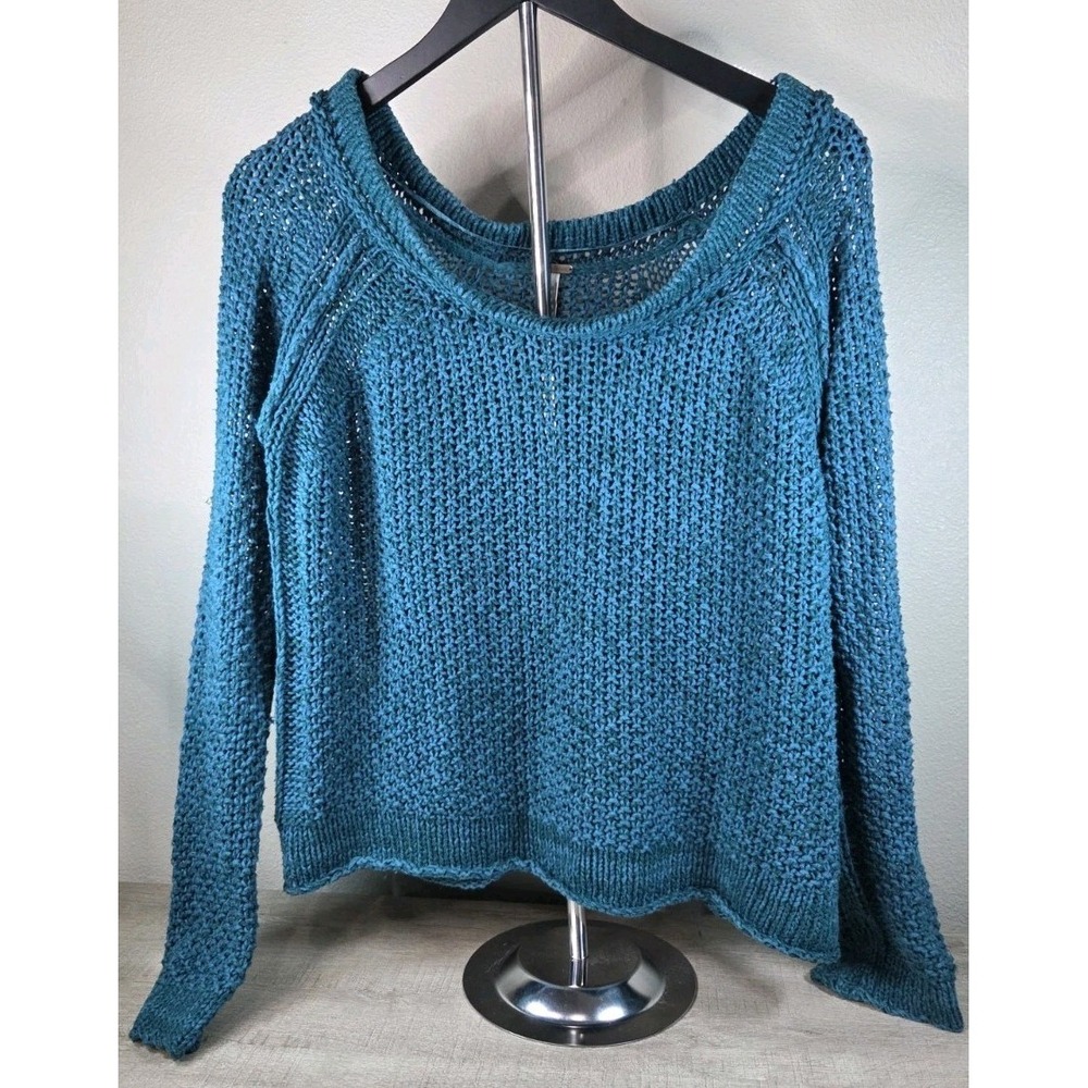 Free People Chunky Open Knit Sweater Teal Blue Boat Neck‎ Cotton Blend Small
